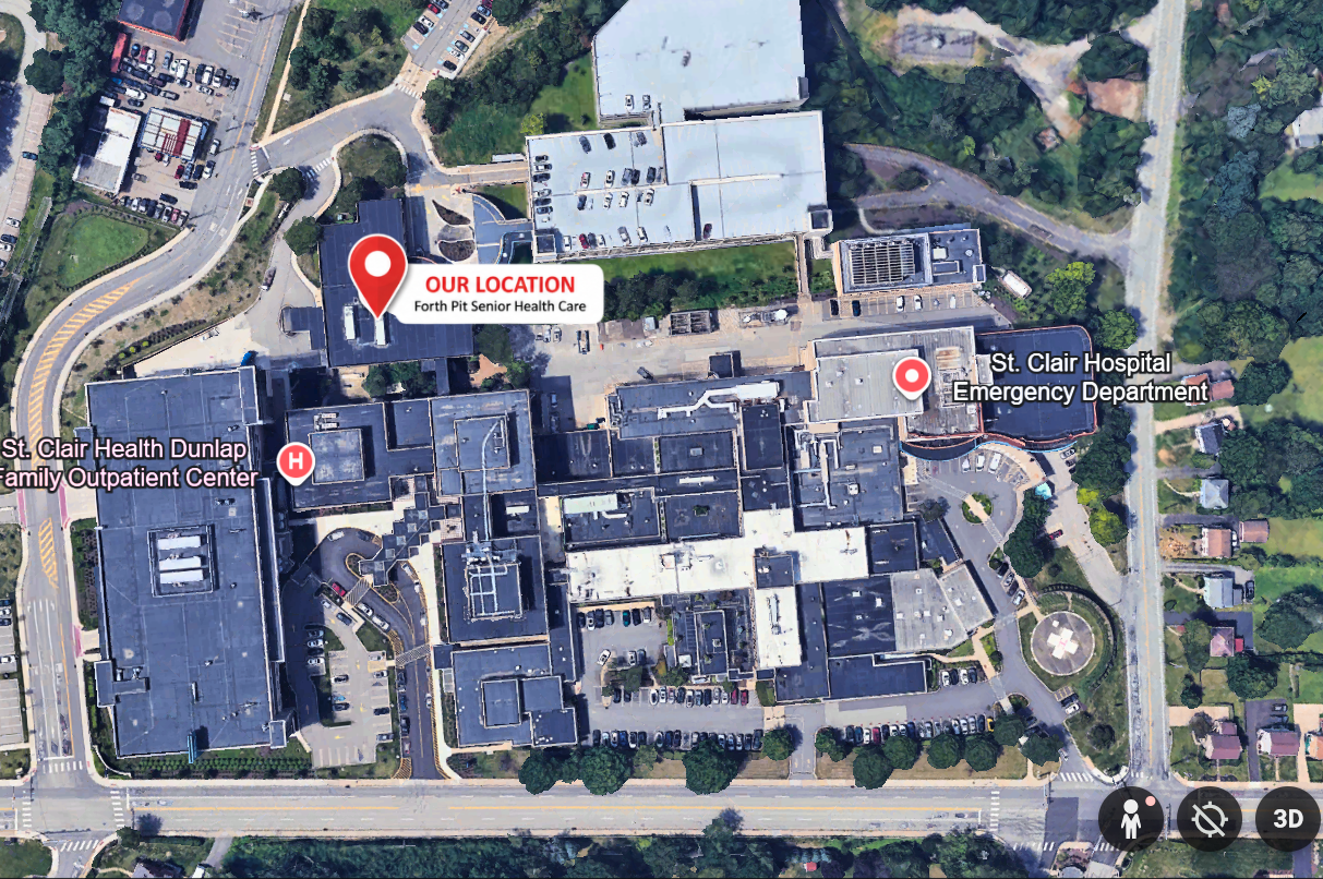Aerial view of St. Clair Hospital showing the Fort Pitt Senior Healthcare Associates office location